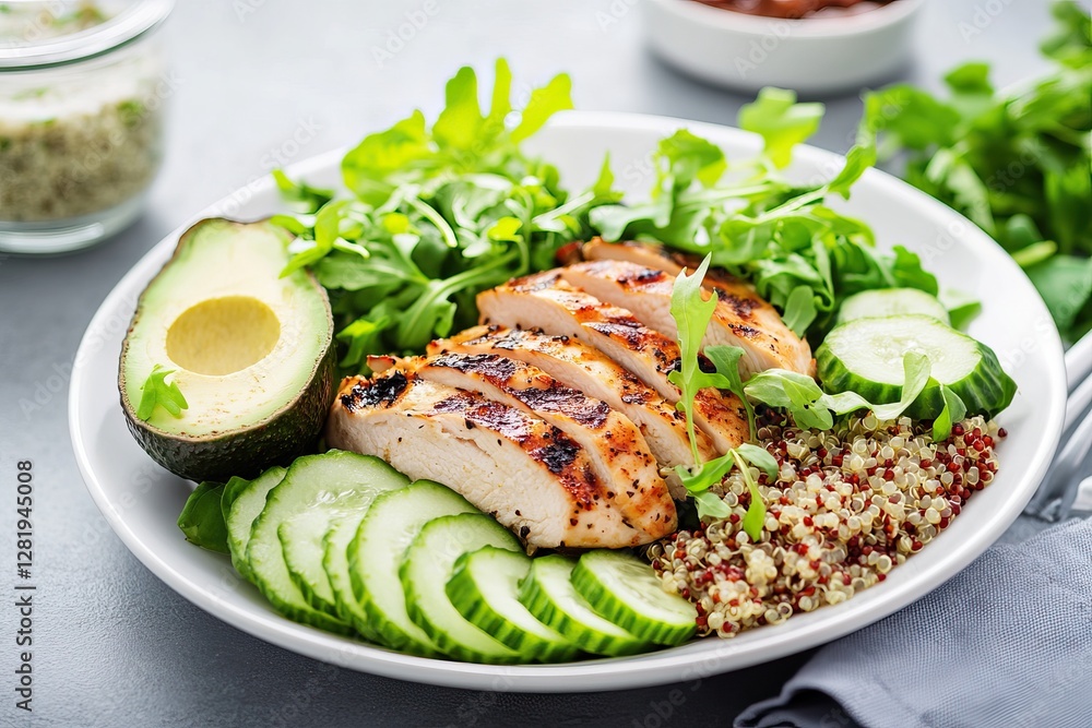 grilled chicken breast (proteins), steamed quinoa (carbs), half an avocado (healthy fats), mixed greens, and a side of cucumber slices. grilled chicken breast (proteins), steamed quinoa (carbs), half an avocado (healthy fats), mixed greens, and a side of cucumber slices.