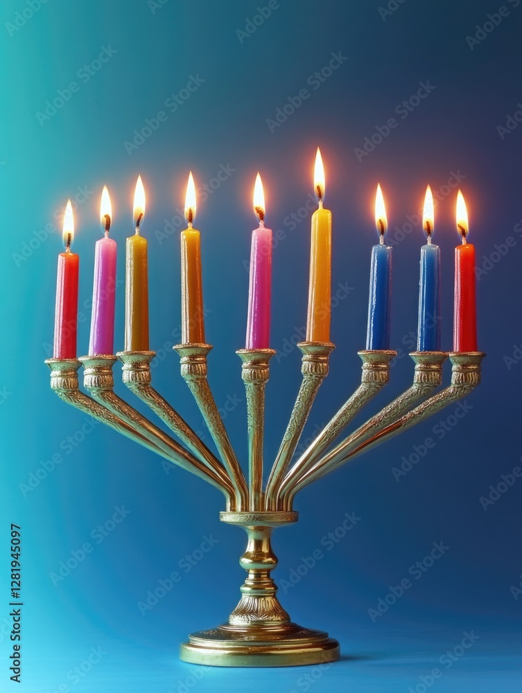 Beautiful golden Hanukkah candelabrum with lit candles in various colors. Beautiful golden Hanukkah candelabrum with lit candles in various colors.