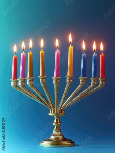Beautiful golden Hanukkah candelabrum with lit candles in various colors.