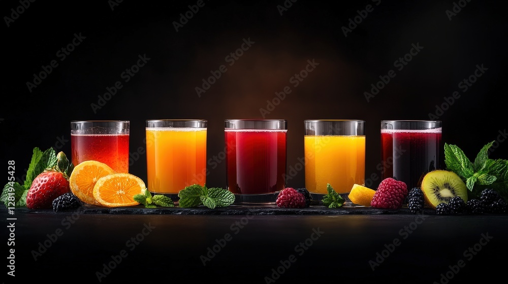 A vibrant display of colorful fruit juices in glasses, surrounded by fresh fruits and herbs, set against a dark background. A vibrant display of colorful fruit juices in glasses, surrounded by fresh fruits and herbs, set against a dark background.