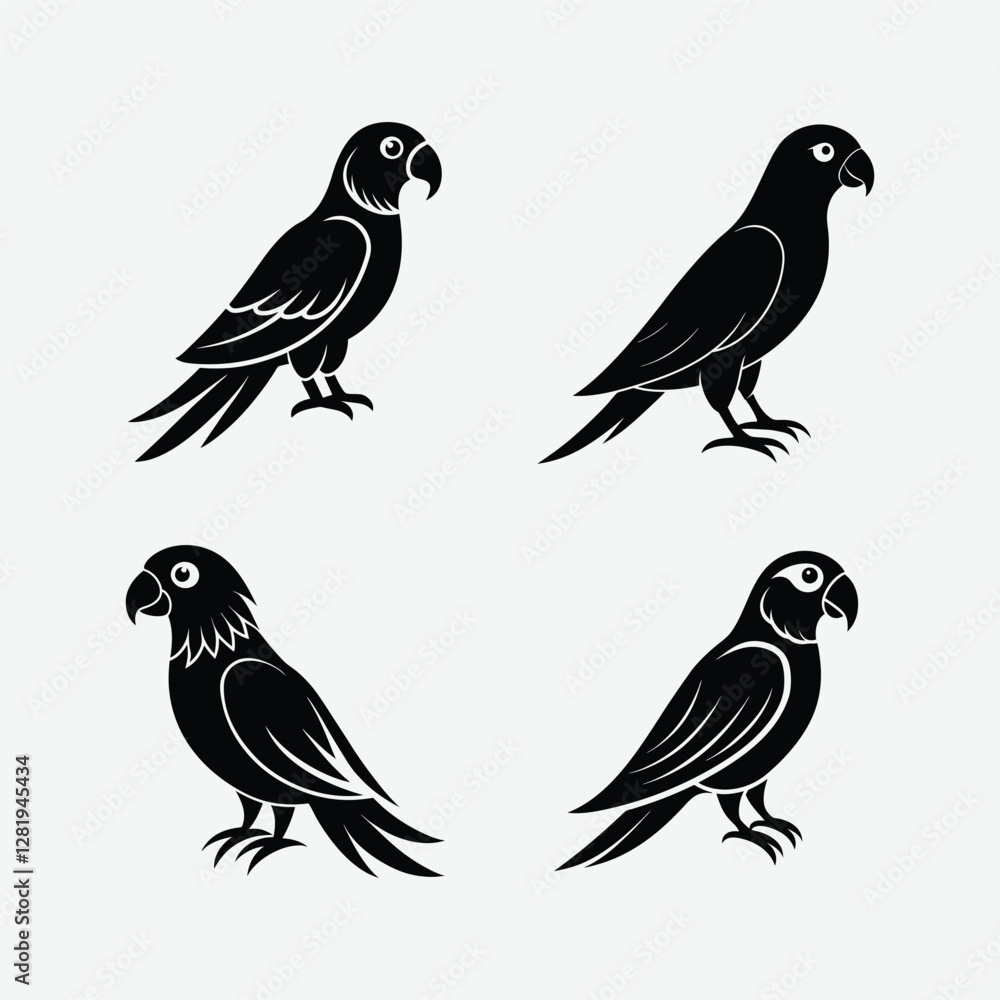 Obraz premium Stunning Parrots Bird Silhouette Vector Art on a white background. Ideal for printable projects, digital downloads, and creative Designs.