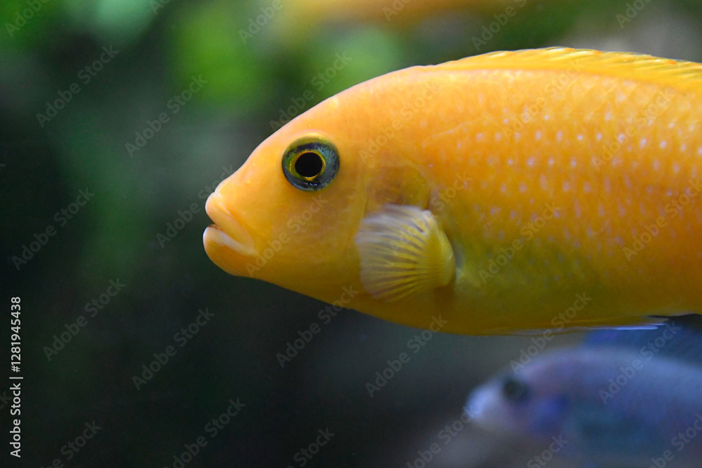 Close up of a bright yellow tropical cichlid fish swimming in its aquarium Close up of a bright yellow tropical cichlid fish swimming in its aquarium