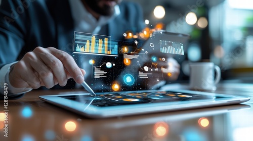 Businessman reviewing financial reports on a tablet with an AI-driven algorithm dashboard in the background. Highlights advanced data science and corporate financial strategy.
