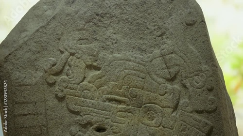 Ancient Olmec petroglyphs carved into stone, showcasing intricate symbols and sacred imagery from Mesoamerican civilization.