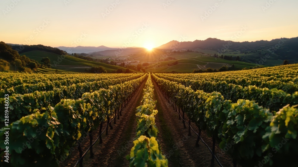 Fototapeta premium A stunning vineyard scene during golden hour, with sunlight illuminating the green grapevines and expansive hills, reflecting beauty and tranquility.