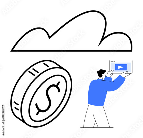 Cloud element above a coin and a person holding a media file icon, representing online finance, cloud storage, and digital sharing. Ideal for fintech, media, technology, and innovation themes. Flat