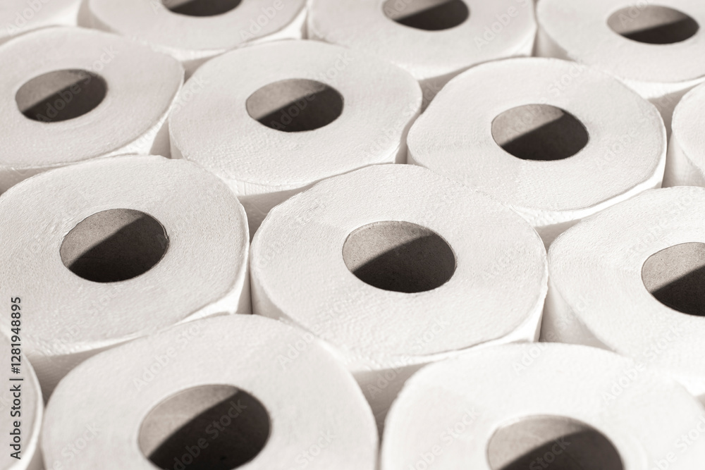 Tightly stacked multiple rolls of white toilet paper Tightly stacked multiple rolls of white toilet paper