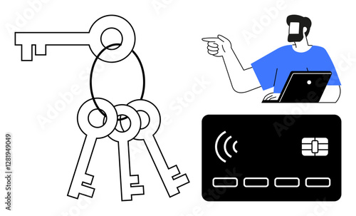 Man using laptop pointing towards traditional keys and smart card. Ideal for security, digital access, authentication, technology, cybersecurity, online services, identification. Abstract line flat