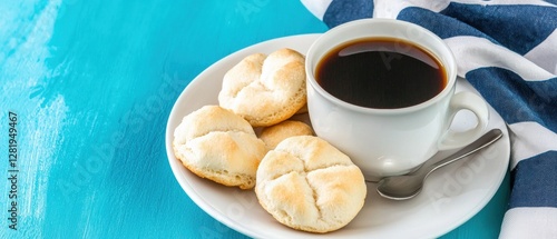 A white plate with three biscuits and a cup of coffee. photo