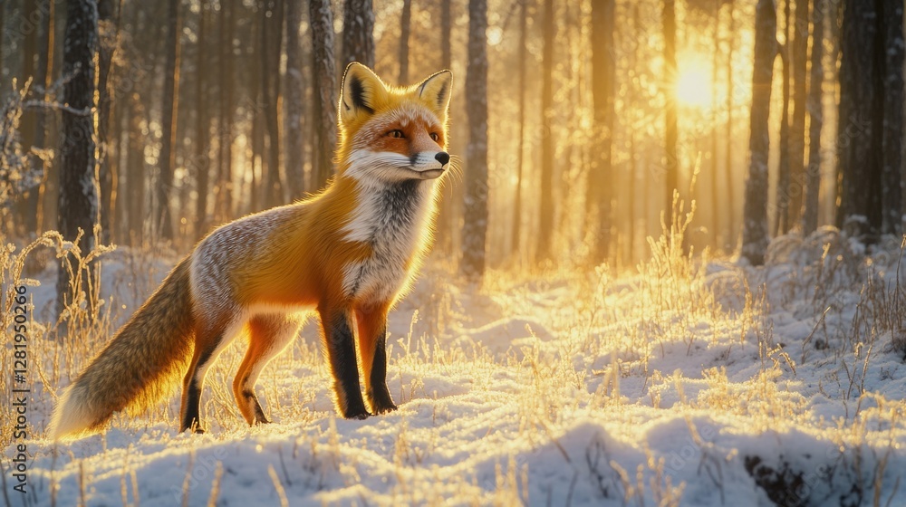 Fototapeta premium Fox standing on snow in forest during sunrise.