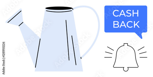 Watering can pouring wealth, cash back notification, and bell. Ideal for finance growth, cash rewards, alerts, investments, saving money customers loyalty financial benefits. Abstract line flat