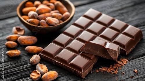 Dark chocolate bar and cocoa beans on rustic wooden surface, showcasing natural ingredients