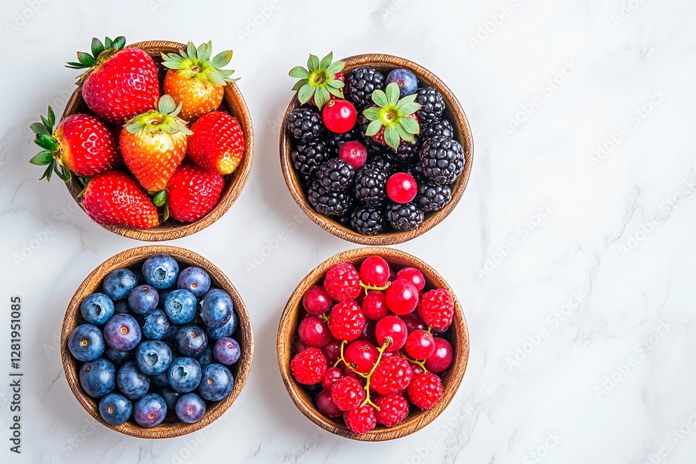 Bright strawberries, blueberries, blackberries, raspberries, and cherries are beautifully arranged in wooden bowls on a clean white surface. A feast of colors awaits Bright strawberries, blueberries, blackberries, raspberries, and cherries are beautifully arranged in wooden bowls on a clean white surface. A feast of colors awaits