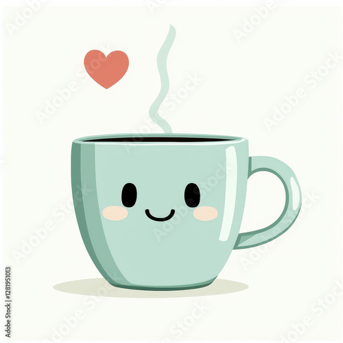 Cute cartoon coffee cup with smiling face and heart above it