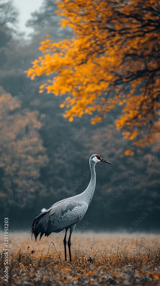 Fototapeta premium Crane autumn field forest background nature