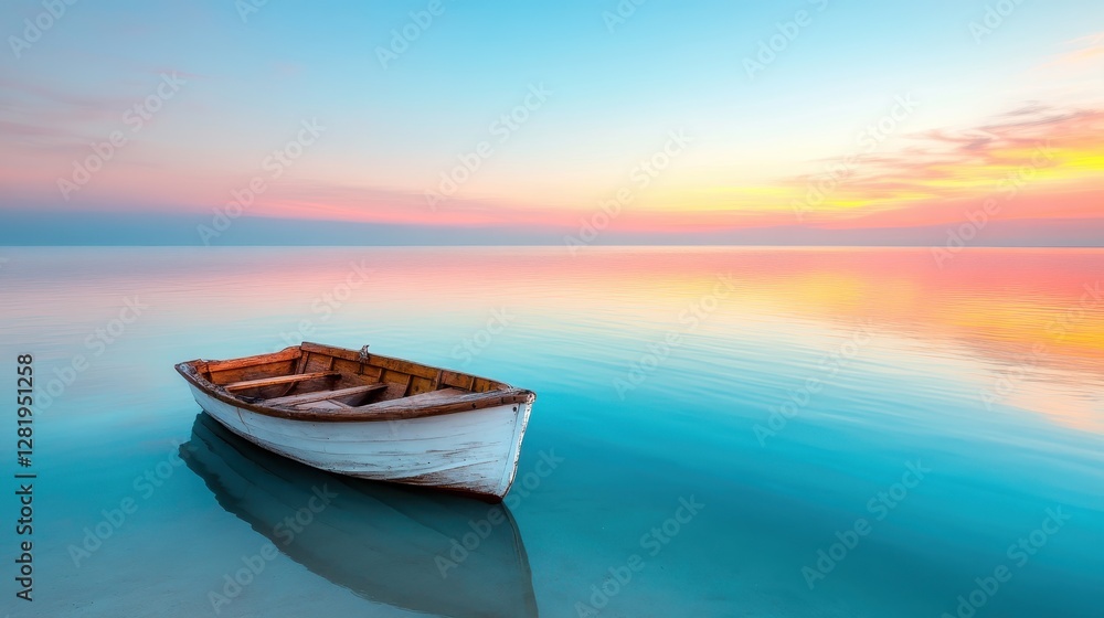 A quaint wooden boat floats effortlessly on tranquil waters, reflecting enchanting sunset hues, creating a breathtaking scene wrapped in serenity and natural beauty. A quaint wooden boat floats effortlessly on tranquil waters, reflecting enchanting sunset hues, creating a breathtaking scene wrapped in serenity and natural beauty.