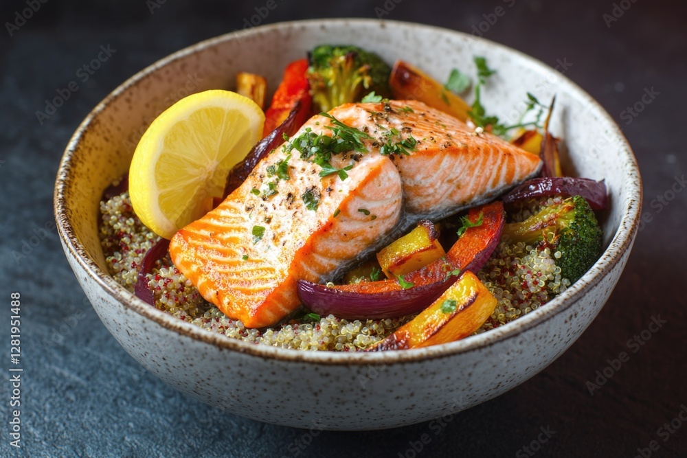 A delicious and healthy fish recipe with vegetables and grains in a bowl, served on the table. Perfect for a balanced meal. A delicious and healthy fish recipe with vegetables and grains in a bowl, served on the table. Perfect for a balanced meal.