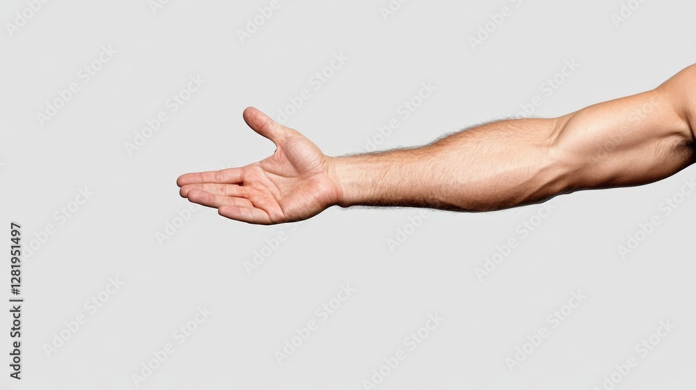 Open hand gesture of a strong male arm against a gray background Open hand gesture of a strong male arm against a gray background