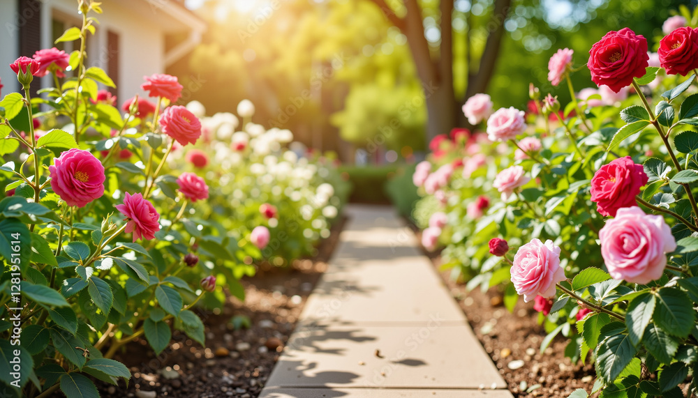 Naklejka premium Colorful roses blooming along a bright garden path