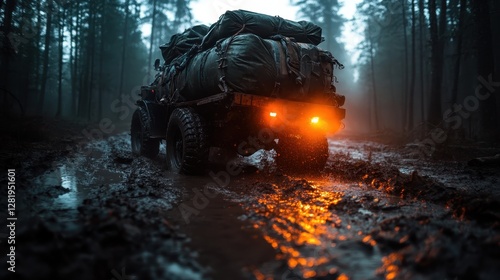 A muddy off-road truck loaded with gear is illuminated by foggy light in a forest, evoking a sense of adventure and the call of the wild in a mysterious atmosphere. photo