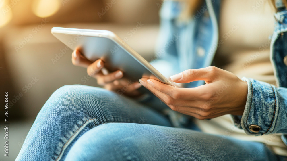 Close-up of hands using a tablet while dressed in casual denim and beige clothing Close-up of hands using a tablet while dressed in casual denim and beige clothing