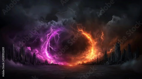Dark fantasy landscape featuring a vibrant portal with lightning amidst a stormy sky