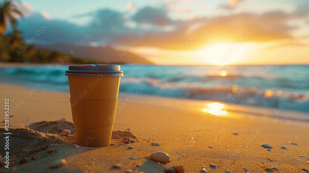 Coffee Cup resting on Beach Sand during Tranquil Sunset Hour Coffee Cup resting on Beach Sand during Tranquil Sunset Hour