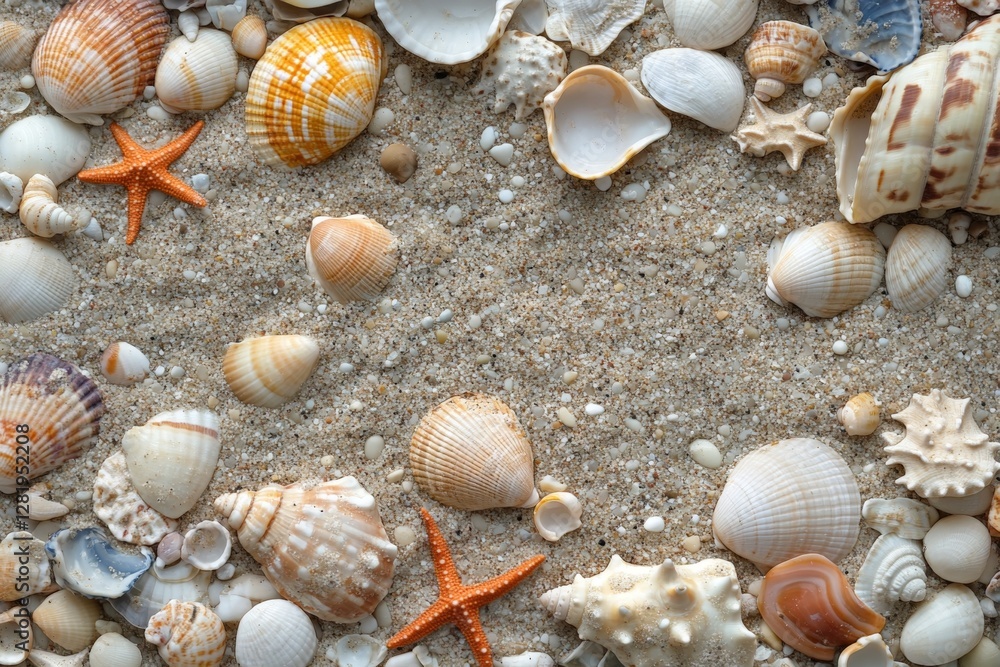 Seashells and starfish scattered on sandy beach area during sunny day Seashells and starfish scattered on sandy beach area during sunny day