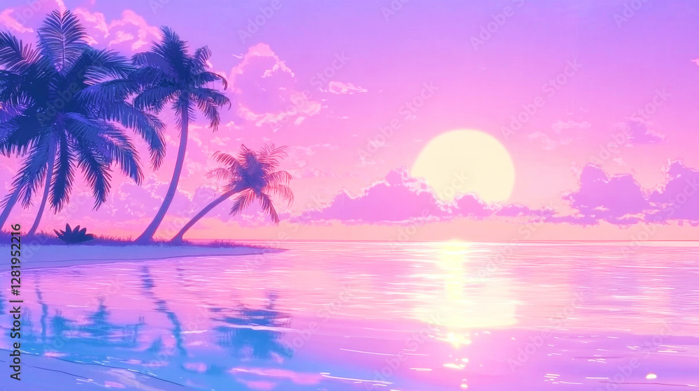 Naklejka premium Relaxing beach sunset captures vibrant colors and calming vibes in a lofi anime style
