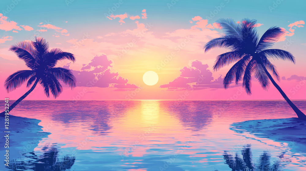Obraz premium Colorful anime lofi beach sunset with smooth ocean reflections and gentle palm silhouettes