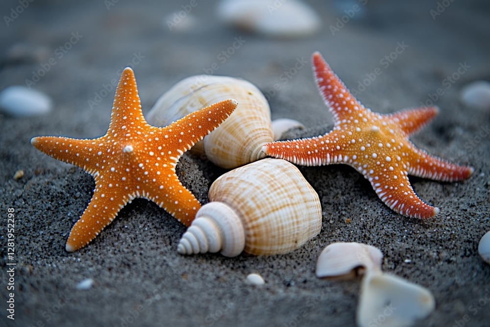 Unique sea stars and shells on sandy beach reveal coastal beauty and marine life Unique sea stars and shells on sandy beach reveal coastal beauty and marine life