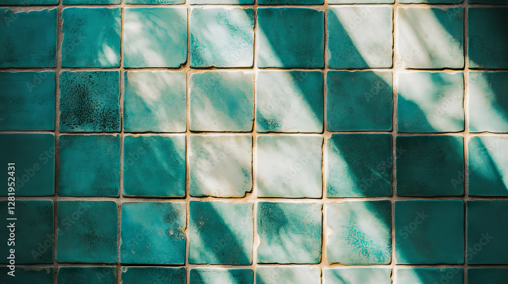 Elevated teal tile surface with white grout for interior design and architecture Elevated teal tile surface with white grout for interior design and architecture