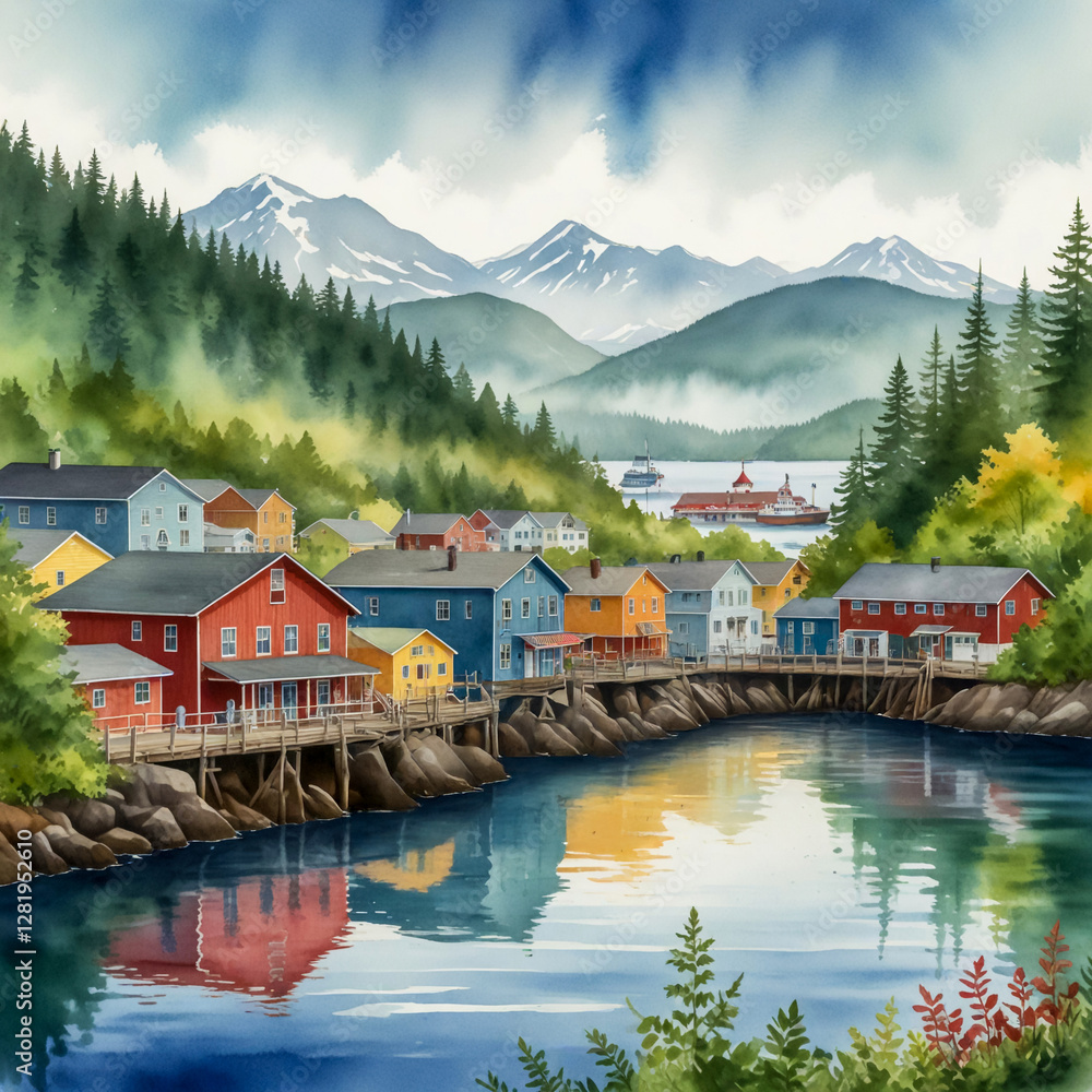 Naklejka premium watercolor illustration of Ketchikan, Alaska, with its charming waterfront filled with colorful historic buildings