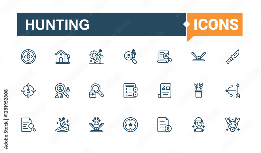 Set of Hunting line icons. Related to bow, hunt, man, point, fire, binoculars, arrow, tourism. Flat icon design. Solid line editable stroke. Set of Hunting line icons. Related to bow, hunt, man, point, fire, binoculars, arrow, tourism. Flat icon design. Solid line editable stroke.