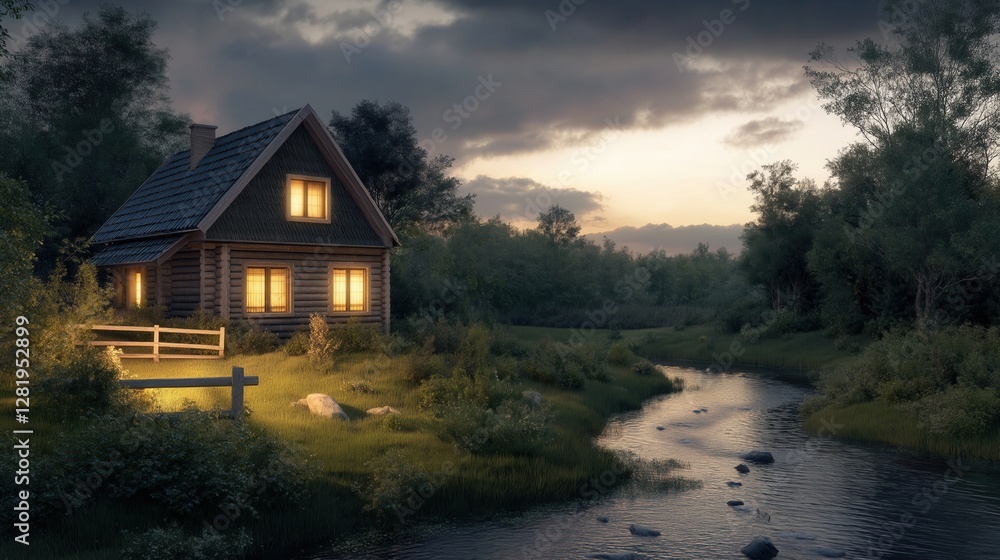 Cozy log cabin nestled beside a tranquil river at sunset. Cozy log cabin nestled beside a tranquil river at sunset.