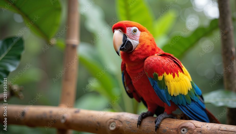 A colorful parrot with vibrant red, yellow, and blue feathers perches on a branch, exuding exotic beauty and charm. Ideal for Pet Day promotions, parrot care products, and tropical bird awareness. A colorful parrot with vibrant red, yellow, and blue feathers perches on a branch, exuding exotic beauty and charm. Ideal for Pet Day promotions, parrot care products, and tropical bird awareness.