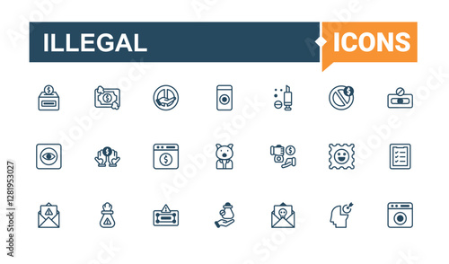 Illegal set of modern icons. Featuring justice, help, dollar, police, human, prison and more. Icons for UI. Editable vector outline and solid icons.
