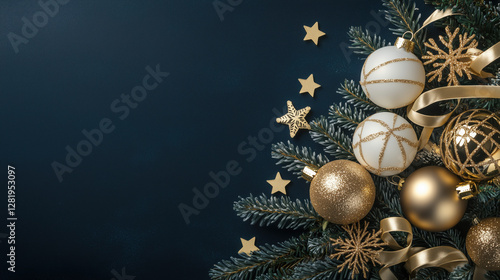 Square Christmas-Themed Website Banner with Elegant Gold and White Ornaments, Sparkling Stars, Snowflakes, and Ribbons on a Dark Blue Background, copy space