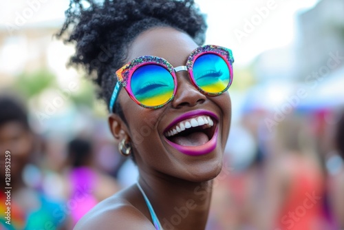 Joyful woman wearing colorful sunglasses enjoys vibrant outdoor festival with smiling crowd and bright atmosphere
