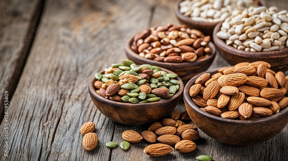 Assorted nuts and seeds in wooden bowls on rustic wooden table