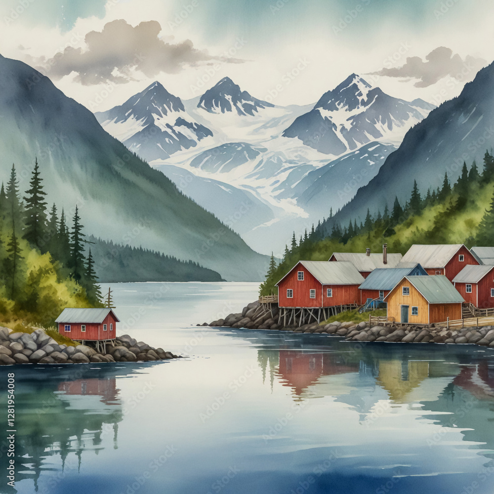 Fototapeta premium watercolor illustration of Wrangell, Alaska, with its dramatic mix of rugged mountains, glaciers, and coastal beauty.