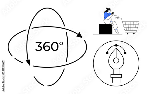 360-degree arrow surrounding text, girl with laptop on a box next to shopping cart, pencil in a circle graphic. Ideal for virtual reality, e-commerce, creativity, user experience, digital innovation