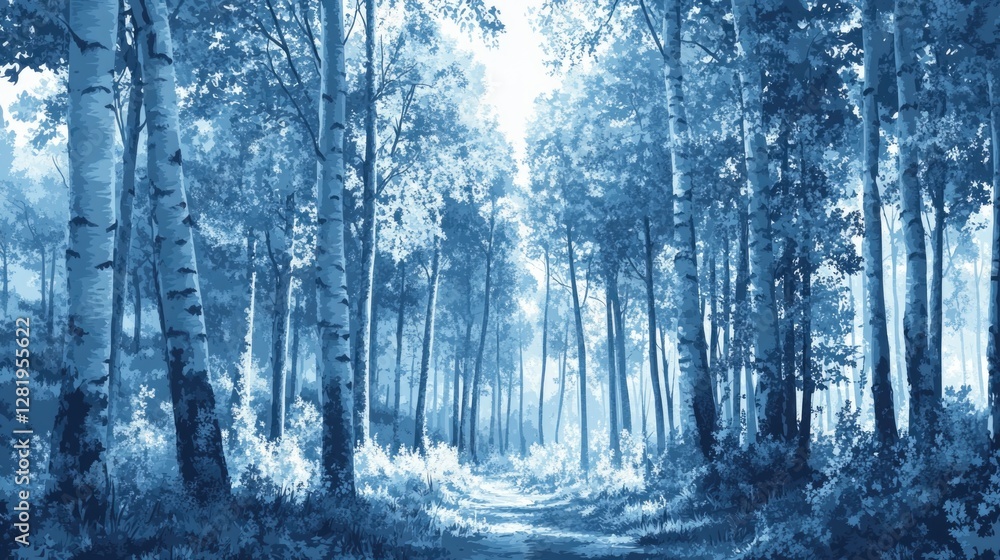 A serene, misty forest path on a sunny day. A serene, misty forest path on a sunny day.