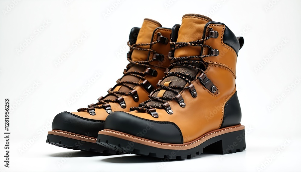 Pair of new caramel brown hiking boots isolated on white background. Leather footwear for trekking adventure. Rugged shoes with durable sole and strong lace for outdoor activity, active lifestyle. Pair of new caramel brown hiking boots isolated on white background. Leather footwear for trekking adventure. Rugged shoes with durable sole and strong lace for outdoor activity, active lifestyle.