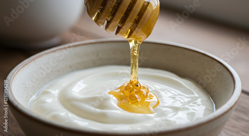 Golden honey pouring from a wooden dipper into creamy white greek yogurt in a bowl, creating a deliciously sweet and healthy treat.