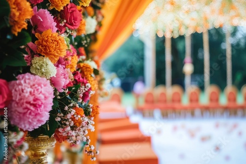 Hindu wedding ceremony setup with floral decoration and mandap structure. photo