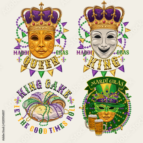 Carnival Mardi Gras labels with masquerade masks, crown, festive food king cake, beer, beads, glossy text. Vintage illustrations on white background. For prints, clothing, t shirt, holiday design