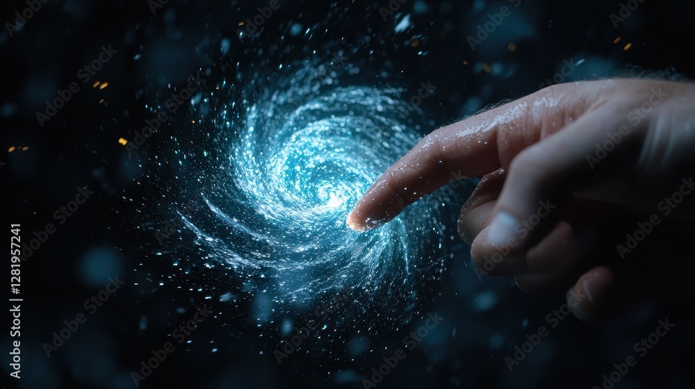 Fototapeta premium Hand Reaching Towards Cosmic Spiral Galaxy Light Effect
