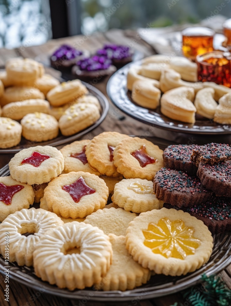 A collection of freshly made cookies in different flavors, ready to be served at a gathering or as holiday treats.
