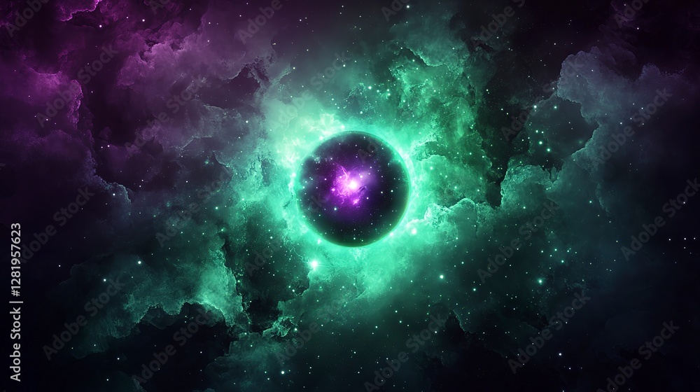 Obraz premium Dark cosmic abstract gradient with glowing green and purple hues, softly blending, creating a mysterious and sci-fi ambiance